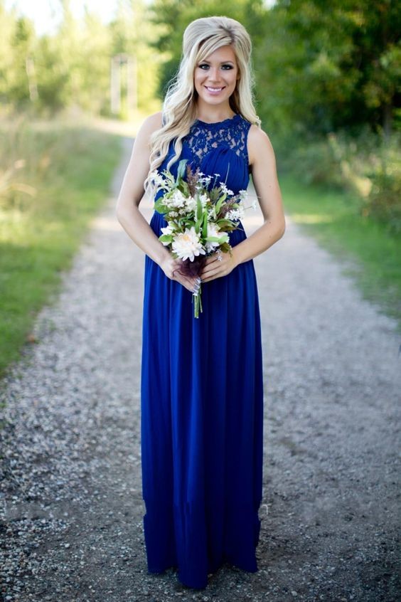 2024 A Line Royal Blue Lace Long Bridesmaid Dresses / Gowns