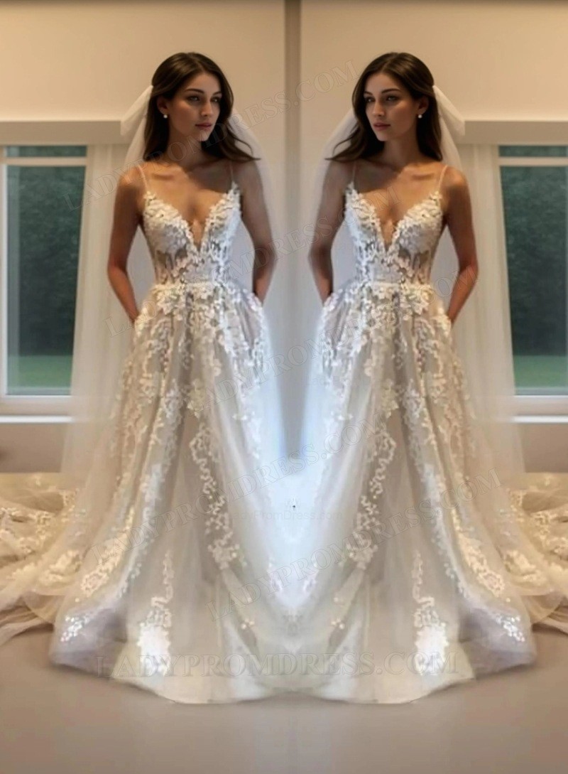 Stunning Straps V-neck A-line Backless Wedding Dress With Appliques Pearls