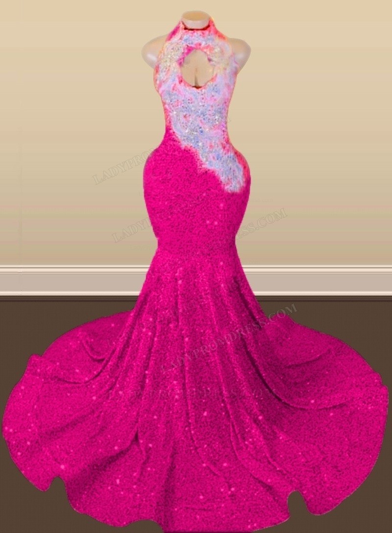 Pink halter sequins long mermaid prom dresses 2025