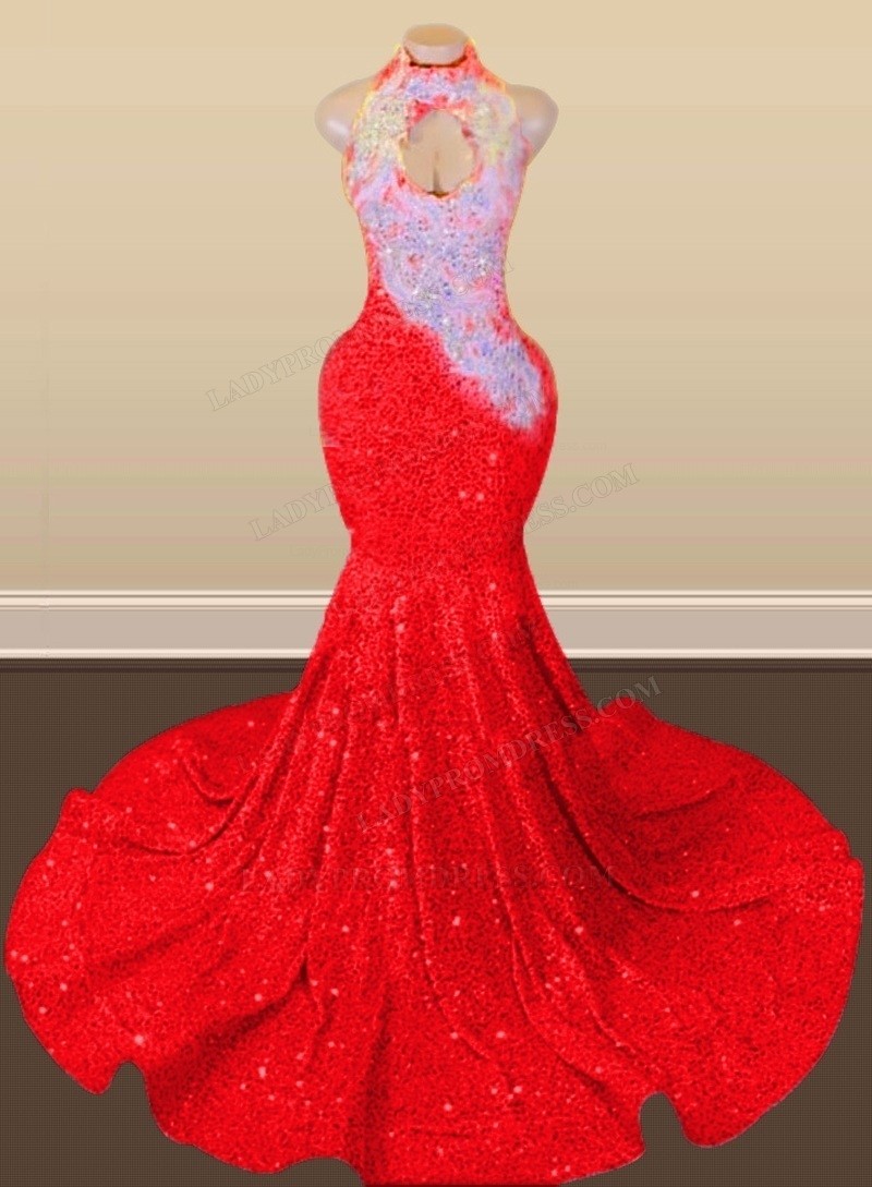 Newest Popular Mermaid Halter Backless Long Sequins Prom Dresses With Train, PD0556