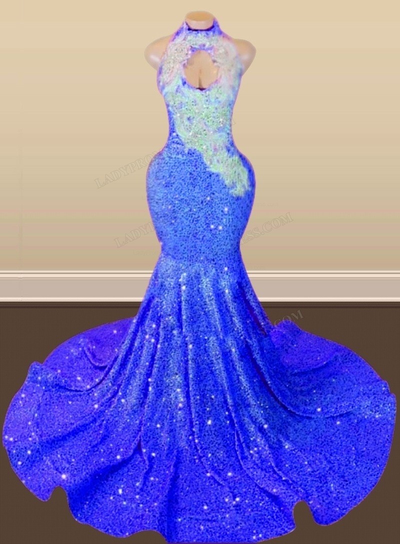 Blue Halter Sequins Mermaid Long Prom Dresses with Bow VK24033105 main image 0