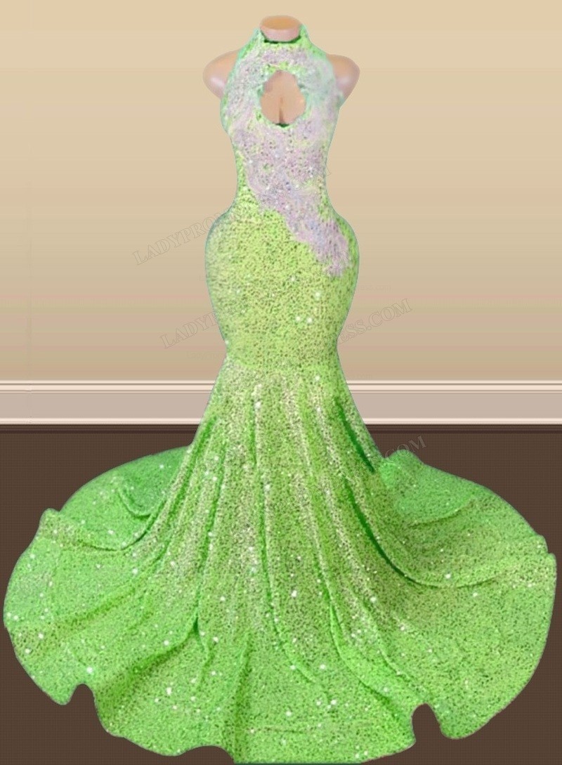 Elegant Mermaid High Neckline Sequin Pink Sleeveless Long Prom Dresses main image 0
