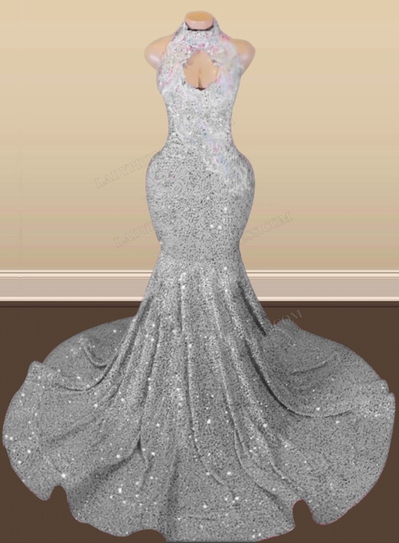 Halter Mermaid Sequin Decoration Ruched Long Prom Dress main image 1
