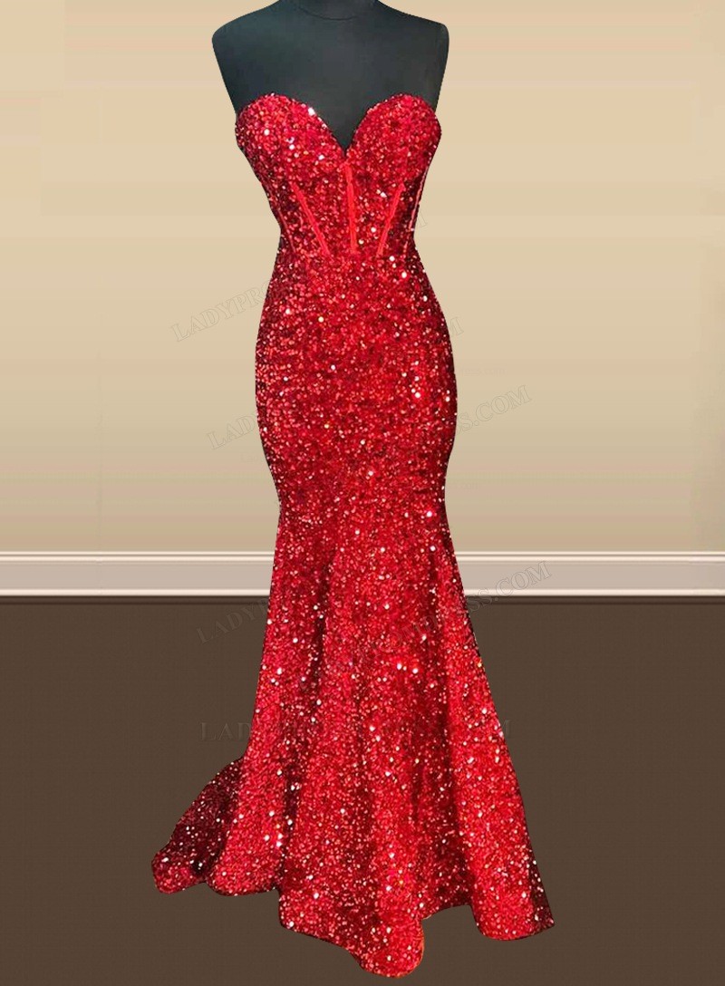 2024 Mermaid Red Sweetheart Long Sequence Prom Dresses