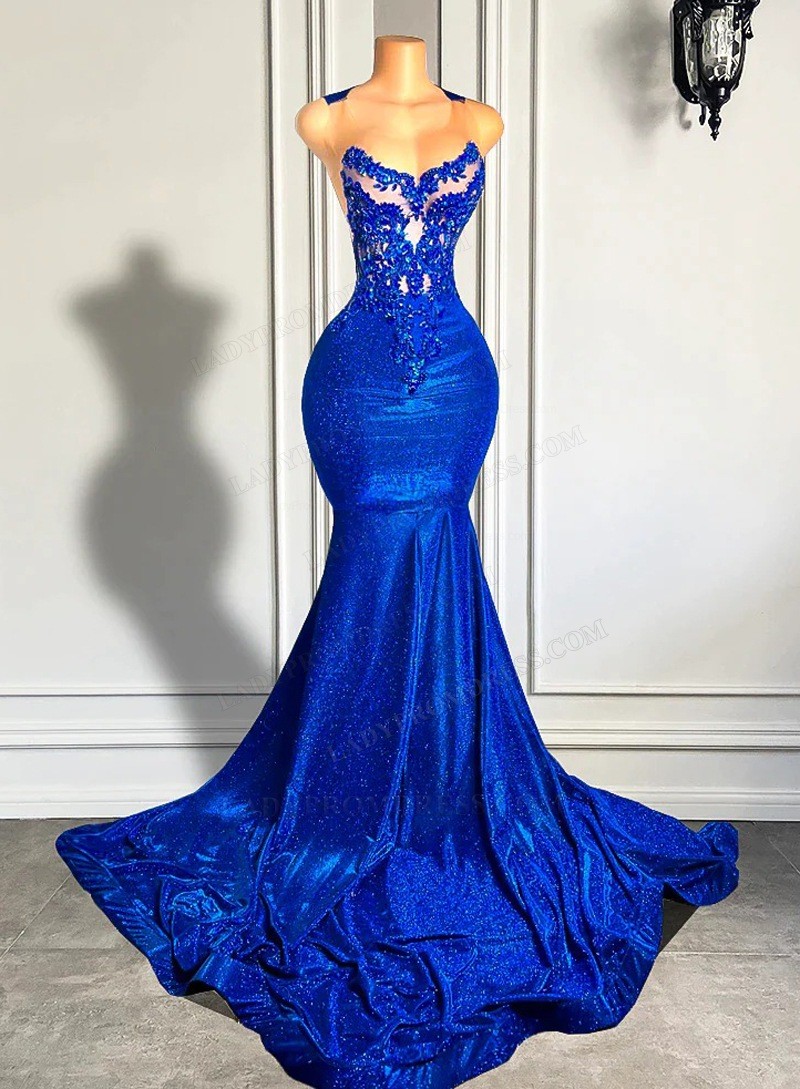 Mermaid Royal Blue Long Illusion Neck Sequence Long 2024 Prom Dresses