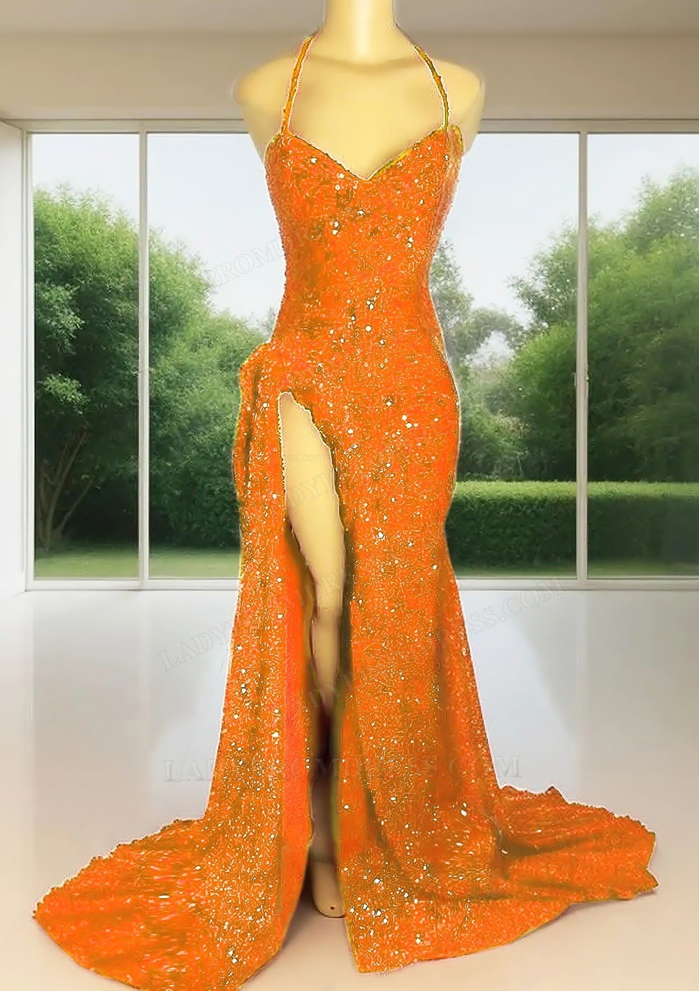 open lace back dress Zapaka Women Sparkly Orange Prom Dress Mermaid Spaghetti Straps Sequins Evening Dress with Slit, Orange / US26W main image 1