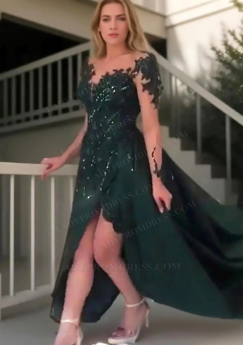 Dark Green Lace Appliques OffShoulder High Slit Long Sleeves Prom