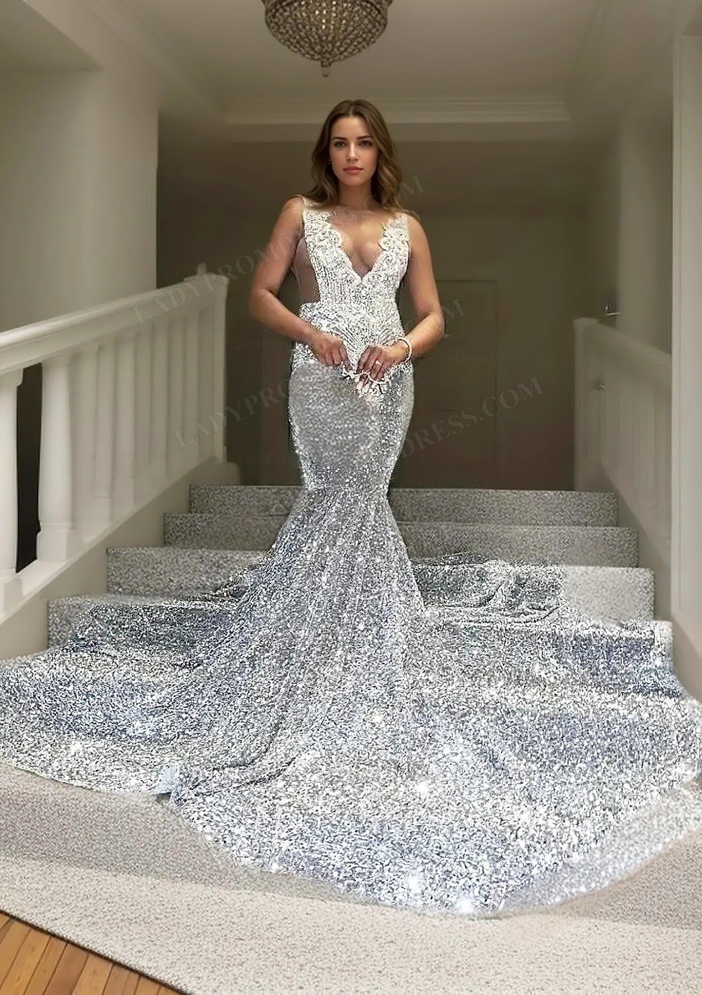 Sexy Sequins Sleeveless Mermaid Prom Dresses | Glitter Halter Red Evening Gowns main image 1