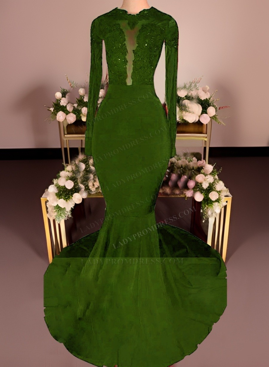 Long Sleeves Lace Green Mermaid Backless Prom Dresses,Evening Dresses PL213