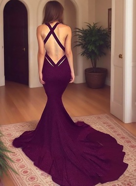 Burgundy Mermaid/Trumpet V Neck Backless Sweep Train Prom Dresses Back