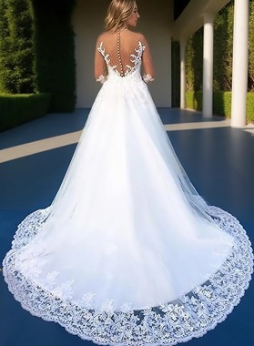 Lace Court Train Ball Gown Long Sleeve V-Neck Covered Button Wedding Dresses / Gowns With Beaded Back