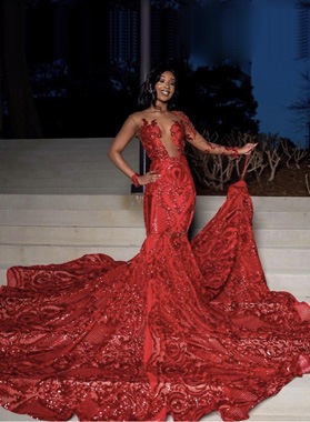 2024 Red Long Sleeves Mermaid Sparkly African Girl Prom Dresses