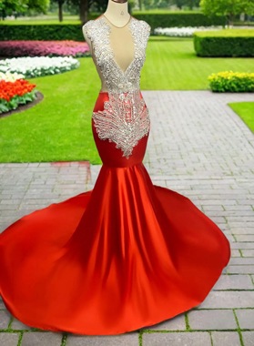 2024 Red V-neck Mermaid Long Prom Dresses With Beaded