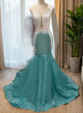2024 Mermaid Long Sleeves Mint Green Rose Bottom Long Prom Dresses
