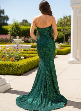 Emerald Green Sequin Mermaid Prom Dress Sweetheart Neckline Plunge Sweep Train Back
