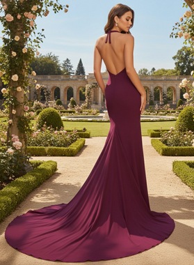 Burgundy Elastic Woven Satin Halter Backless Mermaid Sweep Train Plunge Neck Prom Dress Back