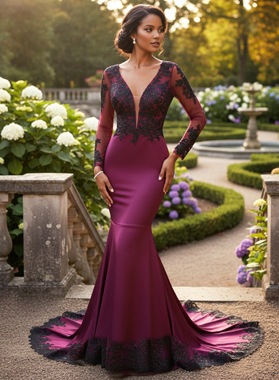 Plum Satin V Neck Long Sleeve Mermaid Prom Dress With Black Lace
