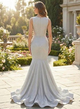 Silver Sequin Mermaid Prom Dress With Rhinestone Illusion V Neck Sweep Train Back