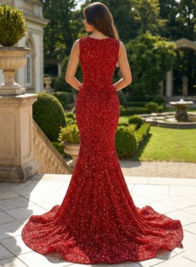 Red Sequin Mermaid Prom Dress Sheer Neck Beading Zipper Sweep Train Gown Back