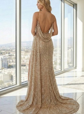 Champagne Gold Sequin Prom Dress Sweetheart Corset Slit Draped Back Sweep Train Back