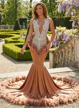 Brown Satin Beaded Prom Dress Mermaid Sheer Neck Feather Train Zipper Back