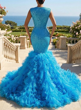 Turquoise Prom Dress Sheer Neck Beaded Mermaid Cap Sleeves Tulle Ruffle Train Back