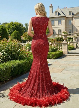 Burgundy Sequin Prom Dress Sheer V Neck Mermaid Feather Hem Sweep Train Back