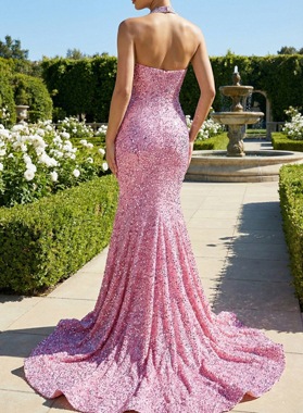 Pink Prom Dress Sequin Mermaid Halter Neck Crystal Beading Sweep Train Back