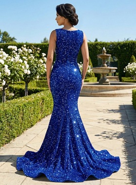 Royal Blue Prom Dress Sequin Mermaid V Neck Beaded Bodice Zipper Train Back