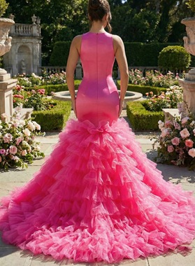 Hot Pink Prom Dress Beaded Sheer Neck Ball Gown Ruffle Tulle Train Back