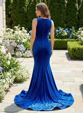 Royal Blue Prom Dress Velvet Mermaid Sheer Neck Beaded Applique Illusion Train Back
