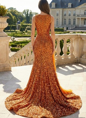 Orange Sequins Mermaid Prom Dress With Feather Slit And Heavy Beading Train Back