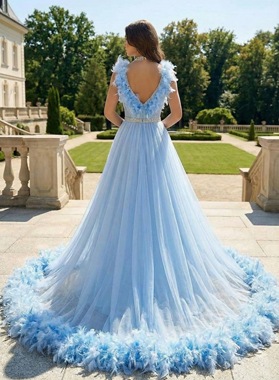 Blue Tulle A-Line Prom Dress With Feather Hem And Beading Train Back