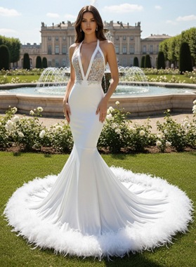 White Satin Halter Plunge Lace Bodice Mermaid Gown Open Back Feather Train