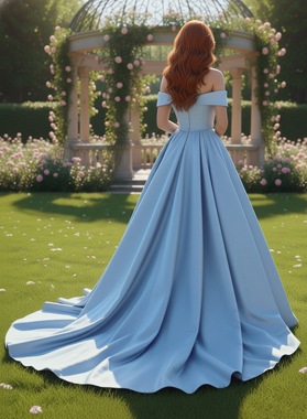 Light Blue Satin Off The Shoulder Ball Gown Slit Court Train Prom Dress Back