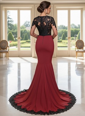 Burgundy Satin Sheer Neck Sleeve Mermaid Prom Dress Black Lace Sweep Train Back