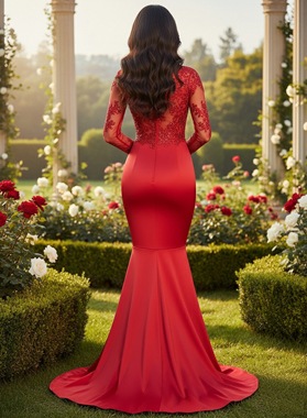 Red Satin Sheer Neck Long Sleeve Mermaid Prom Dress Lace Sweep Train Back