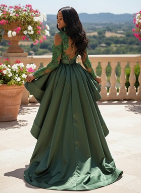 2026 Emerald Green High Low Satin Prom Dress High Neck Beaded Backless Back