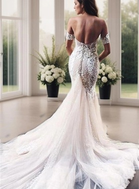 2026 Sexy Mermaid/Trumpet Tulle Off Shoulder Tulle Backless Sweetheart Wedding Dresses / Bridal Gowns Back