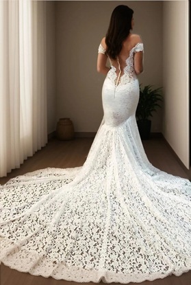 2026 New Arrival Mermaid/Trumpet Off Shoulder Lace Front Slit Wedding Dresses / Bridal Gowns Back