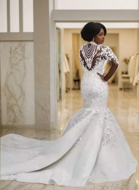 2026 Sexy Mermaid/Trumpet High Neck Luxury Long African American Wedding Dresses / Bridal Gowns Back