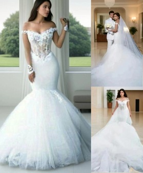 New Arrival Mermaid/Trumpet White Sweetheart Off Shoulder Tulle Long Sleeves Wedding Dresses / Bridal Gowns 2026 Back