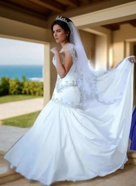 2026 Sexy Mermaid/Trumpet Sweetheart Beaded Elastic Satin Long Wedding Dresses / Bridal Gowns Back