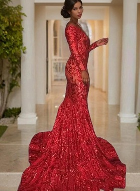 Red Off the Shoulder Long Sleeves Mermaid Sequin African Prom Dresses Back