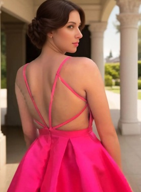 Deep V Neck Sleeveless A Line Satin Pleated Backless Straps Short Homecoming Dresses Back