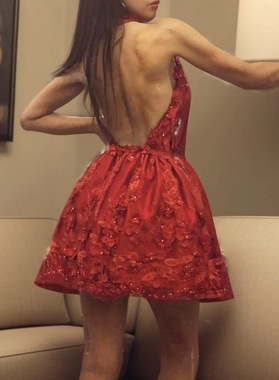 2026 Ball Gown Satin Halter Backless Short/Mini Homecoming Dresses with Applique and beadings Back