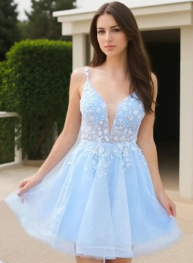 2026 Blue A-line V-neck Sleeveless Short Tulle Appliques Homecoming Dresses Back