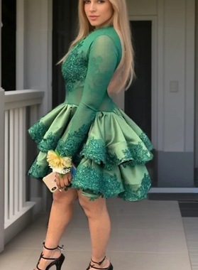 2026 A-line Princess Tulle Satin Long Sleeves Appliques High Neck Short/Mini Homecoming Dresses  Back