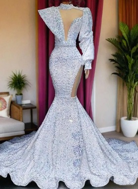 White One Sleeve Sequence Long High Neck 2024 Prom Dresses