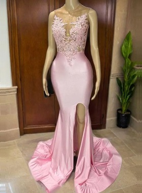 2024 Sheath Silk Like Satin Pale Pink Prom Dresses With Appliques
